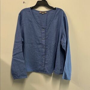 FLAX Linen Layering Top Stormy Blue 100% Linen Blazer Lagenlook Oversized L NEW